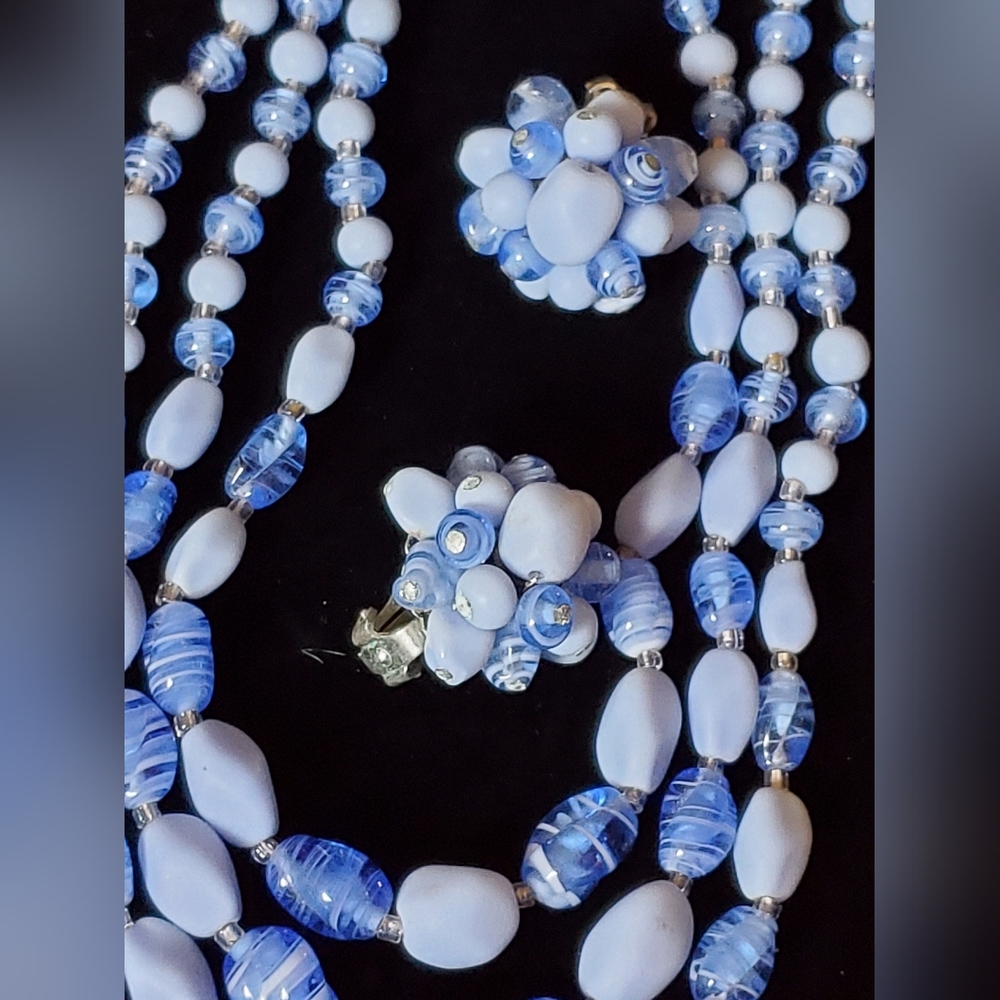 Vintage Denim Blue Swirl Art Glass Set 1950's 60's Japan Spring Summer - Picture 9 of 10